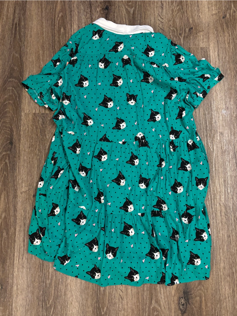 Hell Bunny Love Cat Face Lady Mini Dress White Collar Black Bow Smocked Teal 2XL - Picture 3 of 10